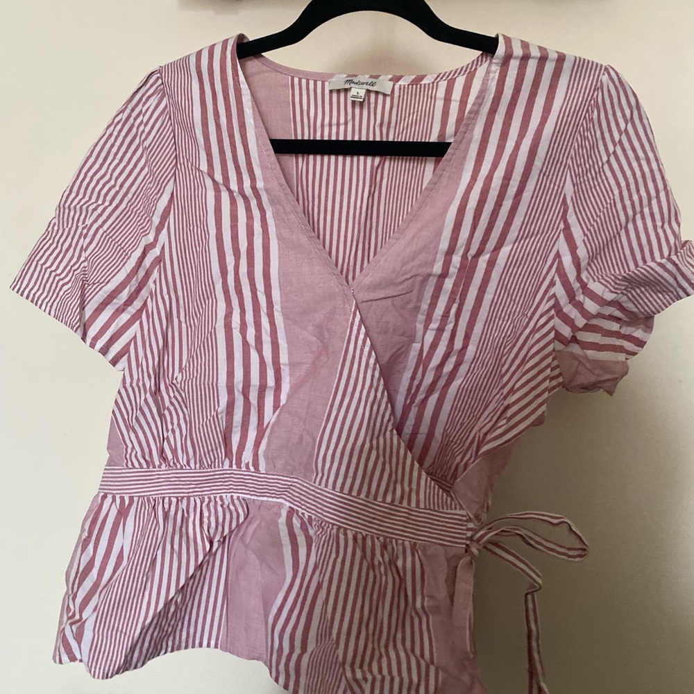 Madewell Linen red striped wrap shirt